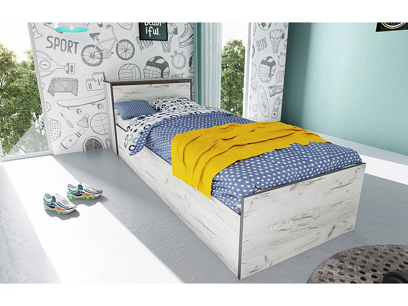 Letto singolo con contenitore e baule design naturale 90x200 bianco legno LI38
