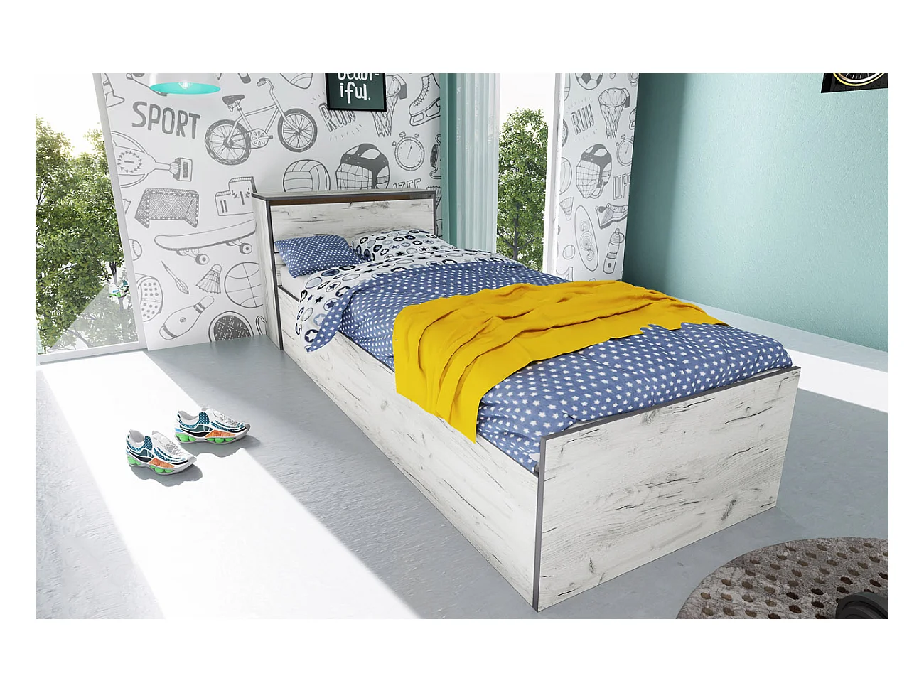 Letto singolo con contenitore e baule design naturale 90x200 bianco legno LI38