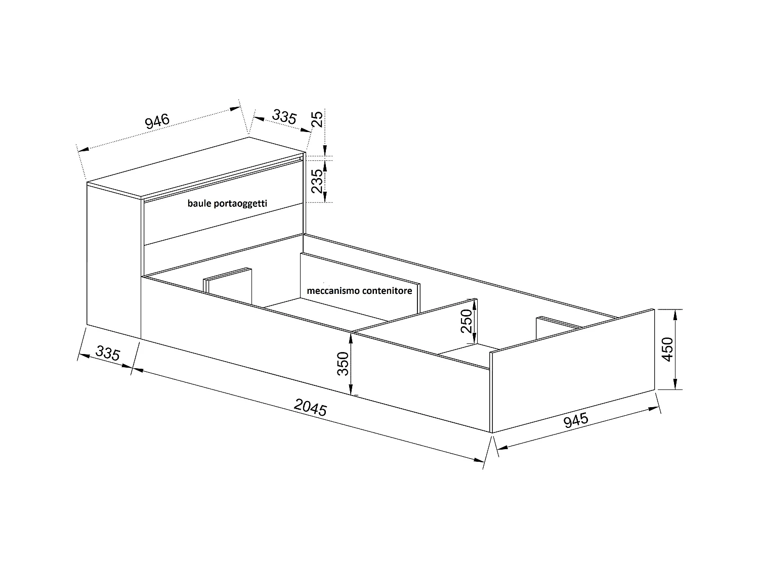 Letto singolo con contenitore e baule design naturale 90x200 bianco legno LI38