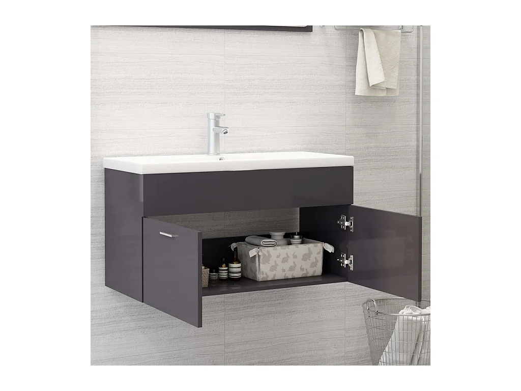 Prolenta Premium -  Armoire d'évier et lavabo intégré Gris brillant Bois ingénierie