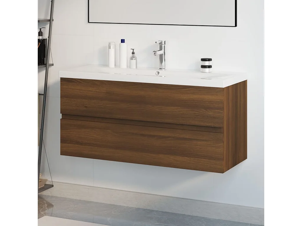 Prolenta Premium -  Waschbeckenschrank mit Einbaubecken Braun Eiche Holzwerkstoff