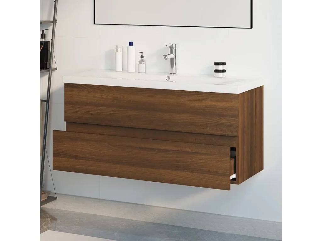 Prolenta Premium -  Waschbeckenschrank mit Einbaubecken Braun Eiche Holzwerkstoff