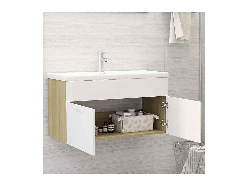 Prolenta Premium -  Armoire d'évier et lavabo intégré Blanc et chêne sonoma