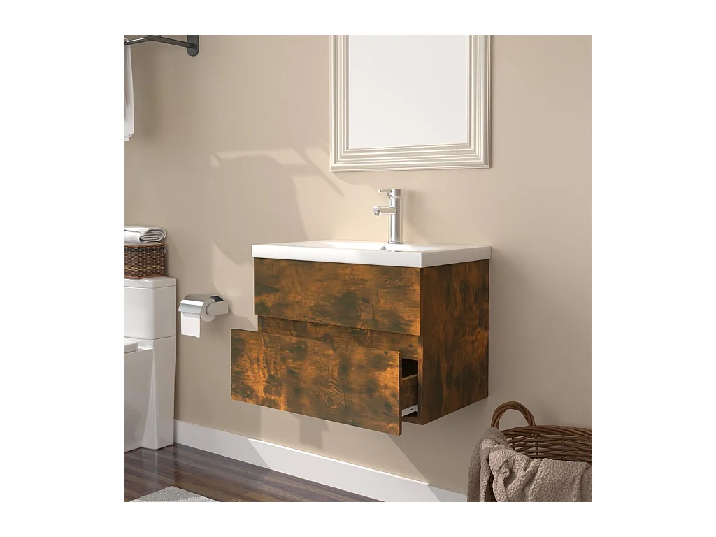 Prolenta Premium -  Meuble lavabo avec bassin intégré Chêne fumé Bois d'ingénierie