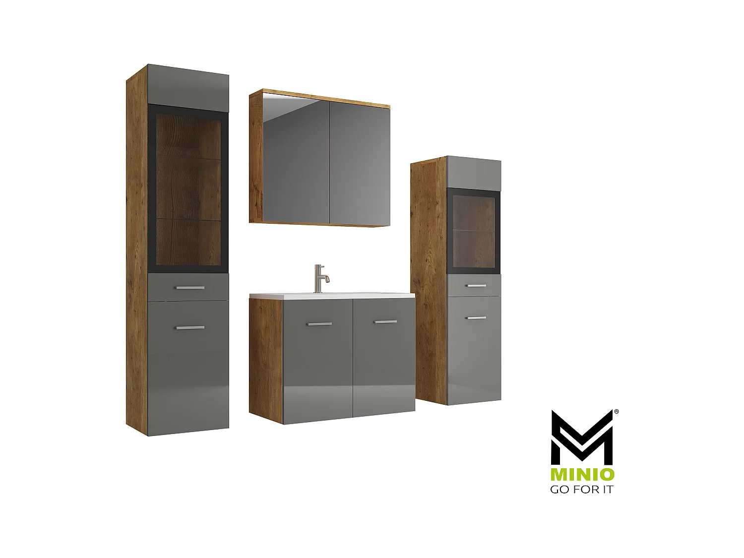 MINIO go for it, Meble łazienkowe MARIT II w kolorze kasztan wrocławski/szary połysk