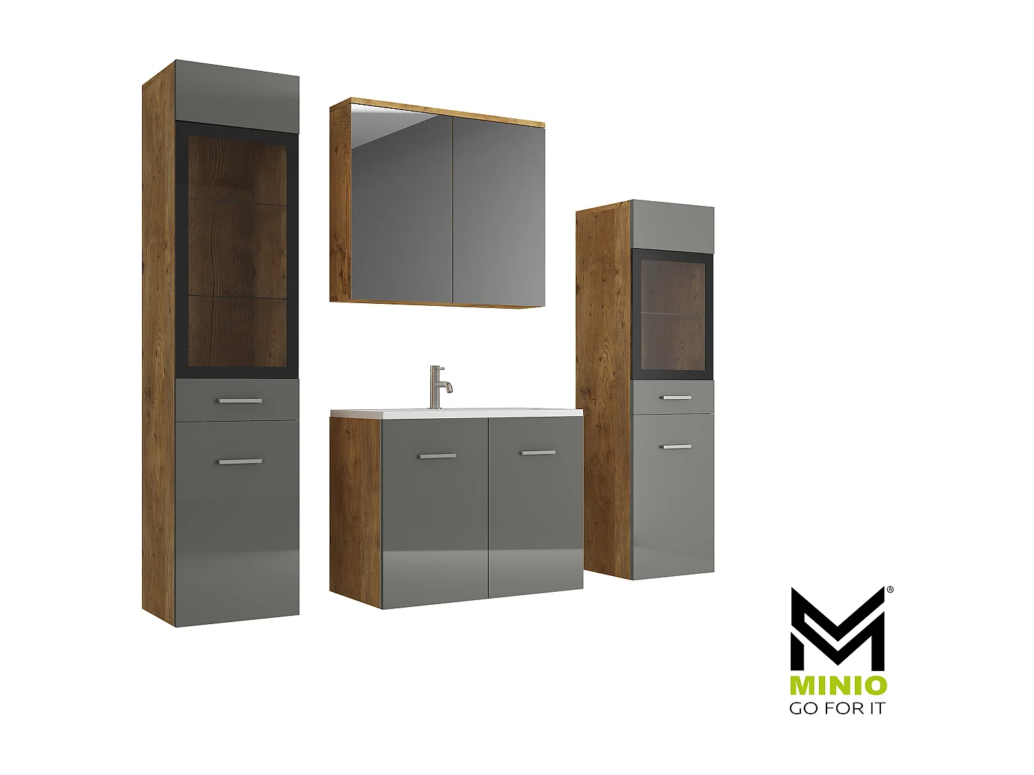 MINIO go for it, Meble łazienkowe MARIT II w kolorze kasztan wrocławski/szary połysk