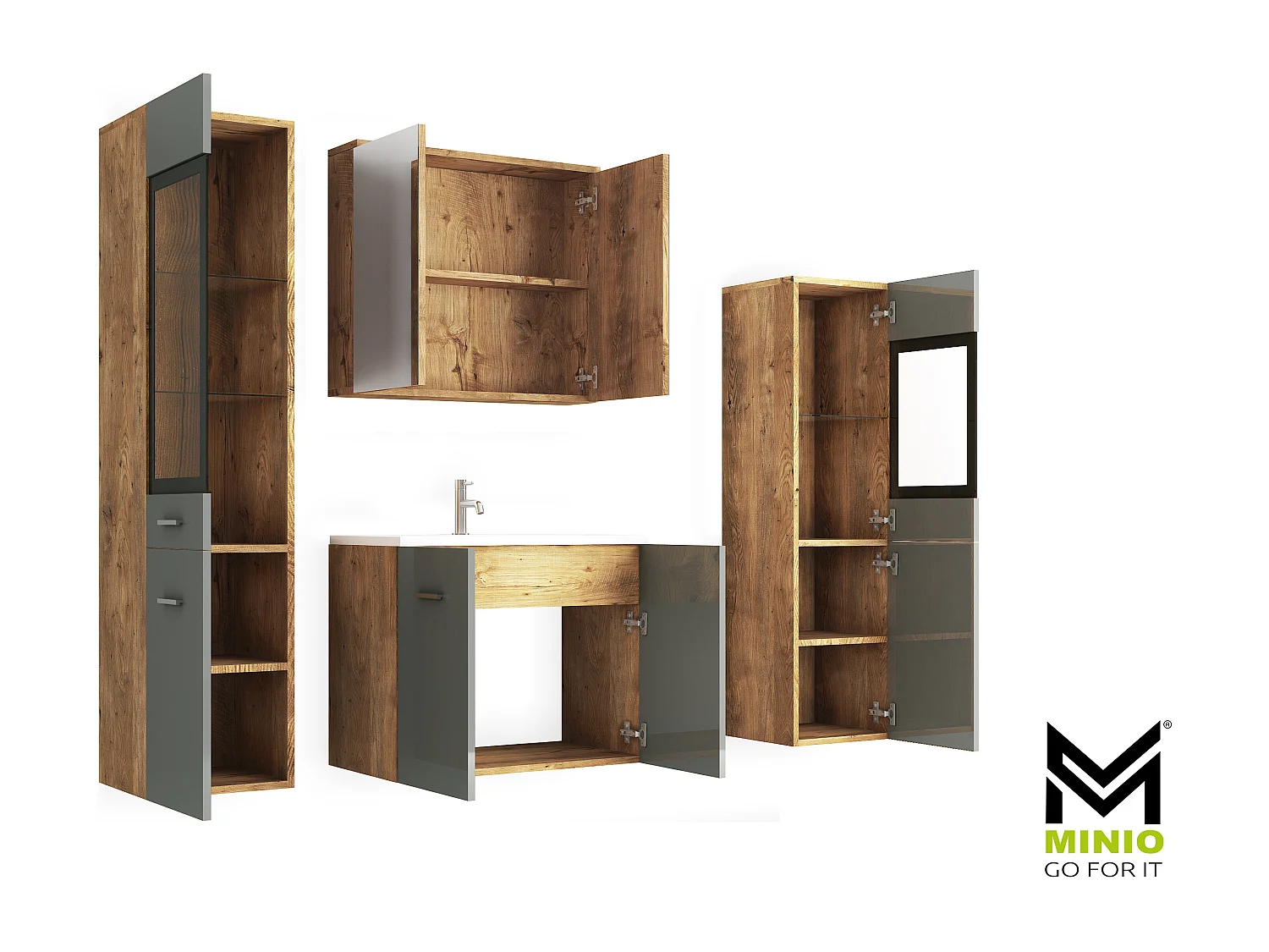 MINIO go for it, Meble łazienkowe MARIT II w kolorze kasztan wrocławski/szary połysk