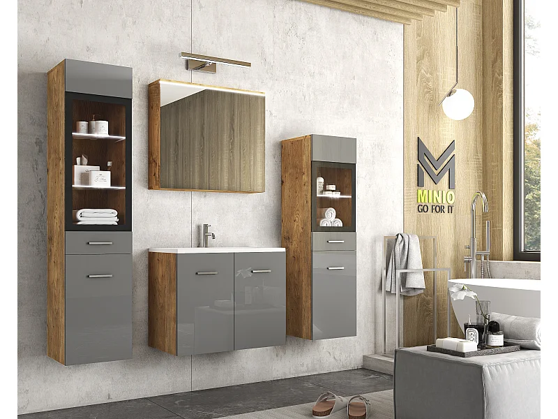 MINIO go for it, Meuble de salle de bain MARIT II en couleur châtaigne/gris brillant