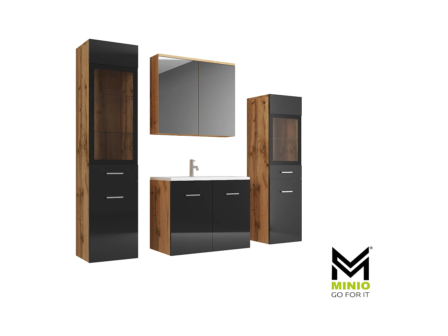 MINIO go for it, Meble łazienkowe MARIT II w kolorze dąb wotan/czarny połysk
