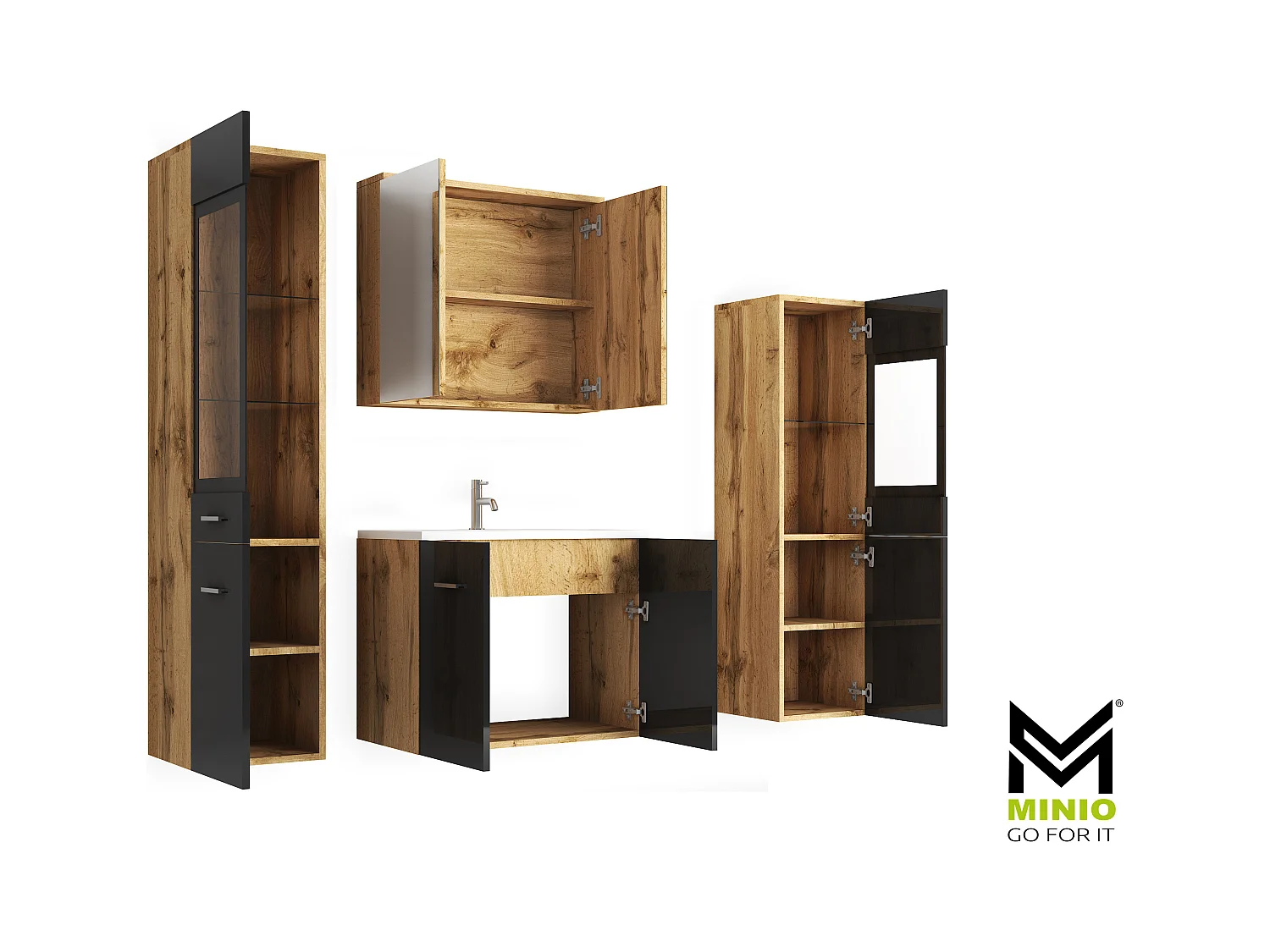 MINIO go for it, Meble łazienkowe MARIT II w kolorze dąb wotan/czarny połysk