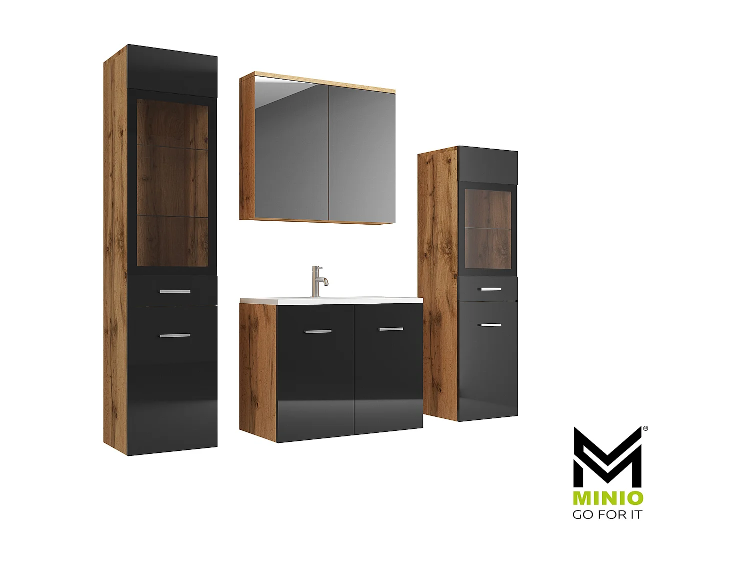 MINIO go for it, Meble łazienkowe MARIT II w kolorze dąb wotan/czarny połysk
