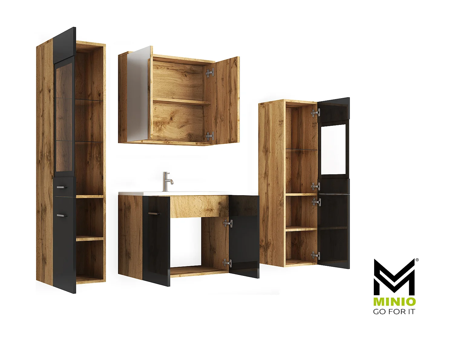 MINIO go for it, Meble łazienkowe MARIT II w kolorze dąb wotan/czarny połysk