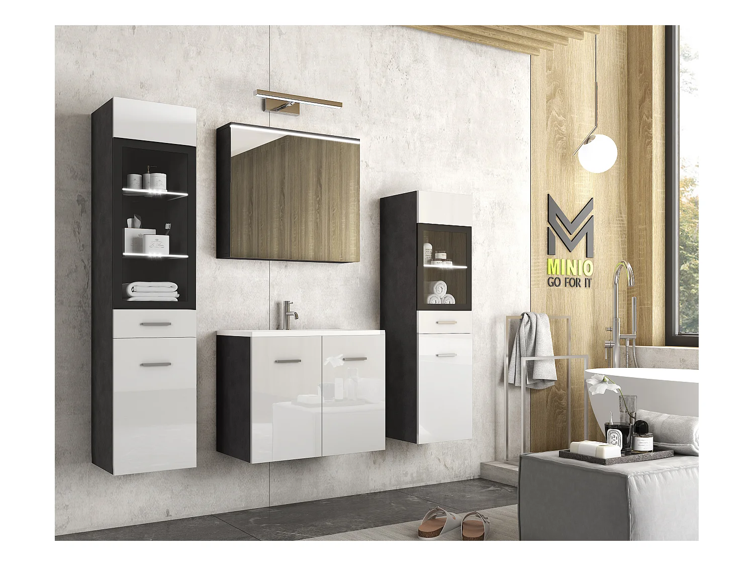 MINIO go for it, Meble łazienkowe MARIT II w kolorze matera/biały połysk, z oświetleniem LED