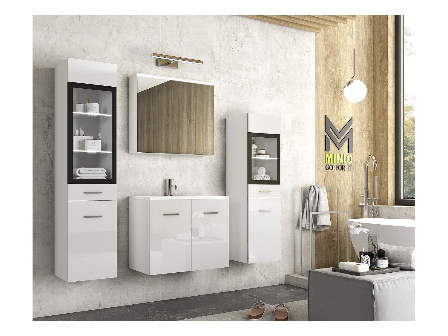 MINIO go for it, Meble łazienkowe MARIT II w kolorze biały/biały połysk, z oświetleniem LED