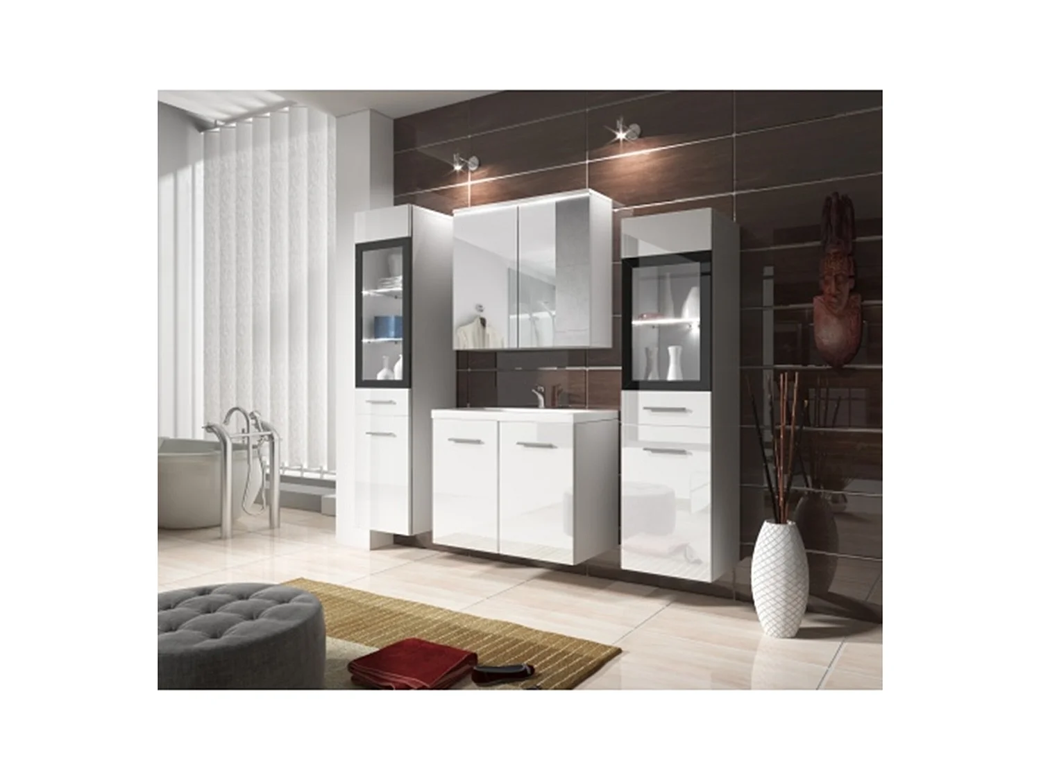 MINIO go for it, Meuble de salle de bain MARIT II en blanc/gris brillant, avec éclairage LED