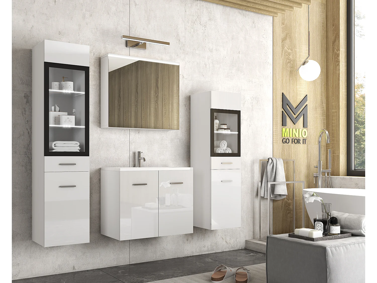 MINIO go for it, Badmöbel MARIT II in weiß/weiß glänzend, mit LED-Beleuchtung