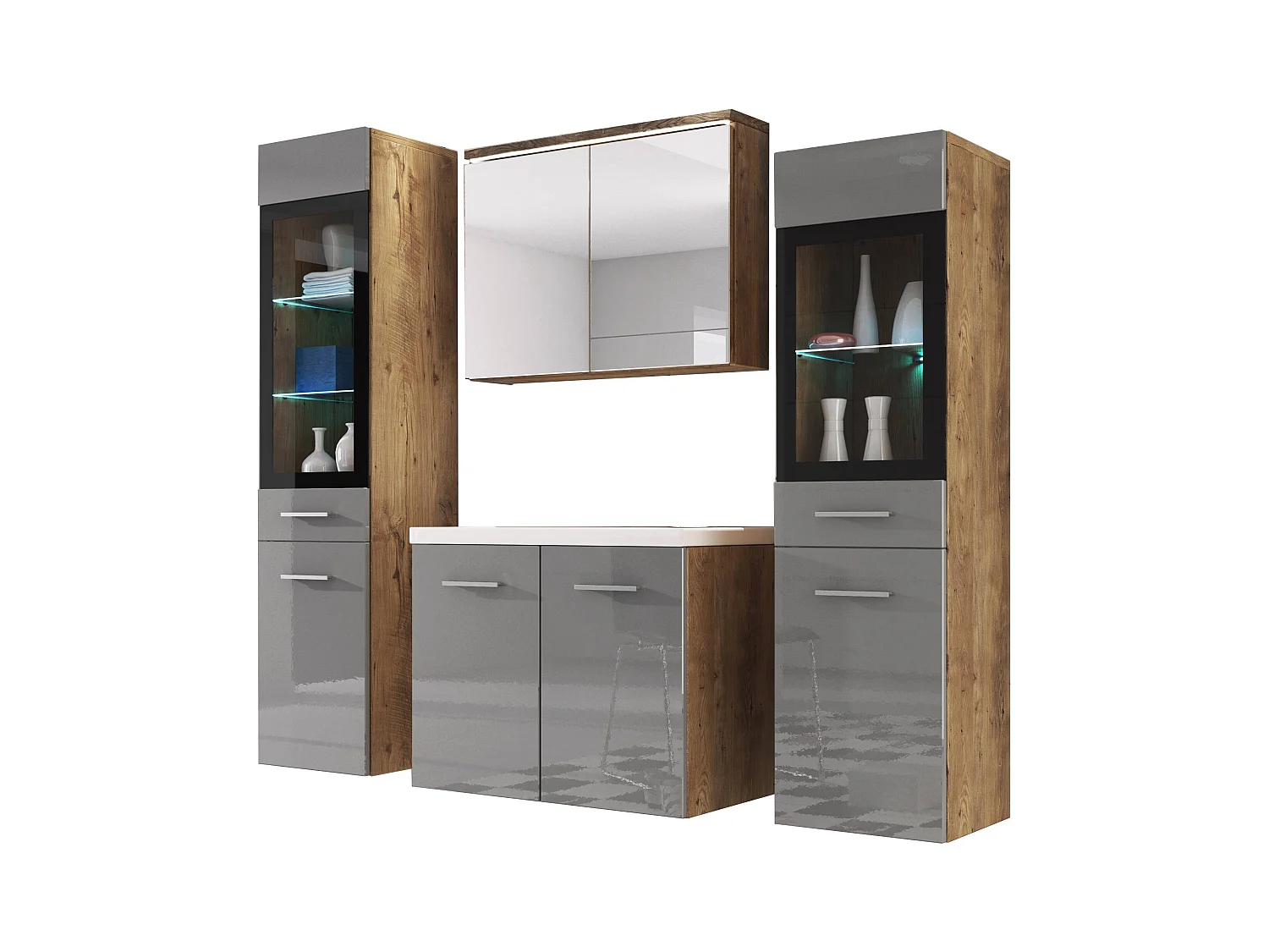 MINIO go for it, Meble łazienkowe MARIT II w kolorze kasztan wrocławski/szary połysk, z oświetleniem LED