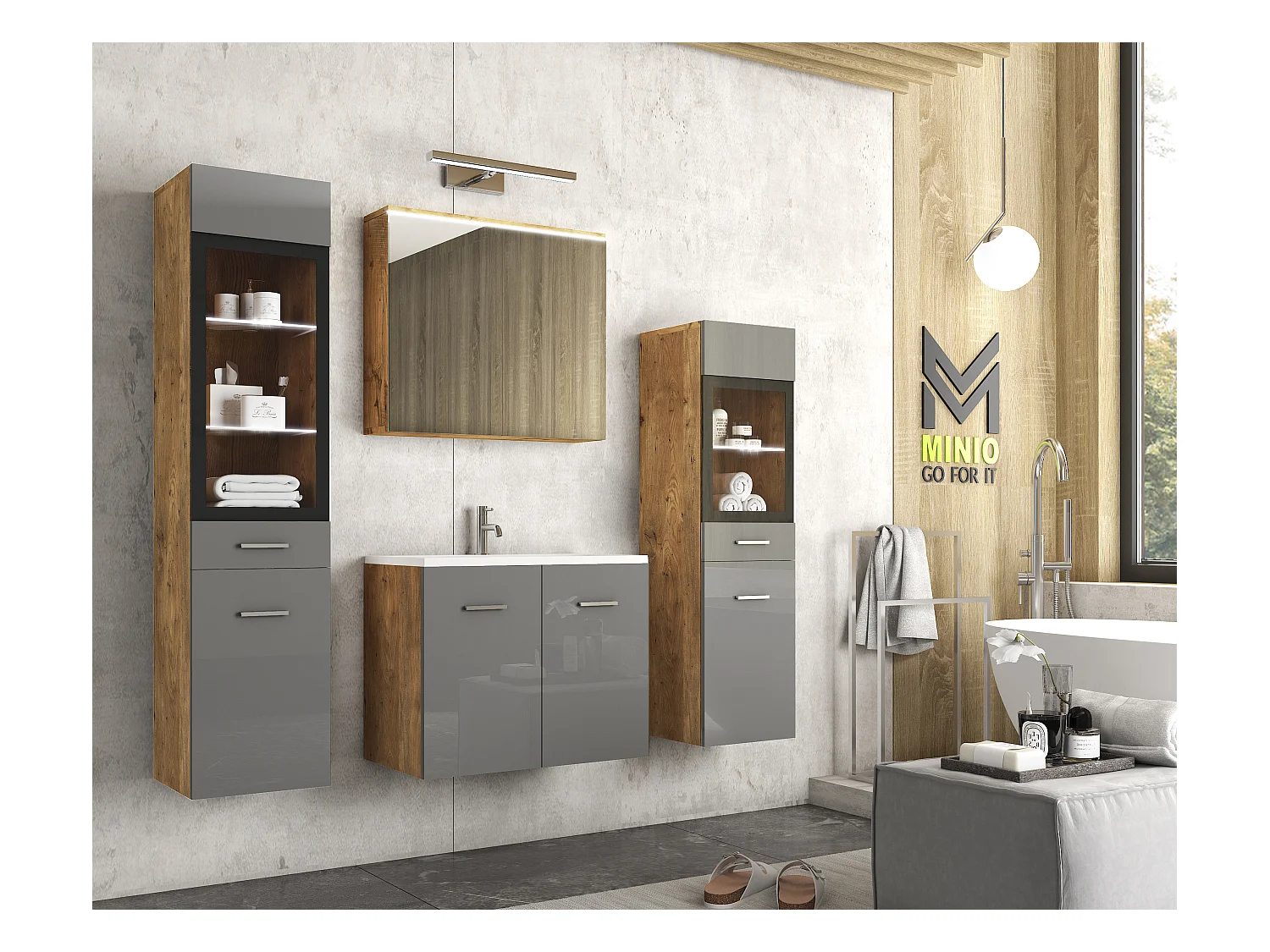 MINIO go for it, Meble łazienkowe MARIT II w kolorze kasztan wrocławski/szary połysk, z oświetleniem LED