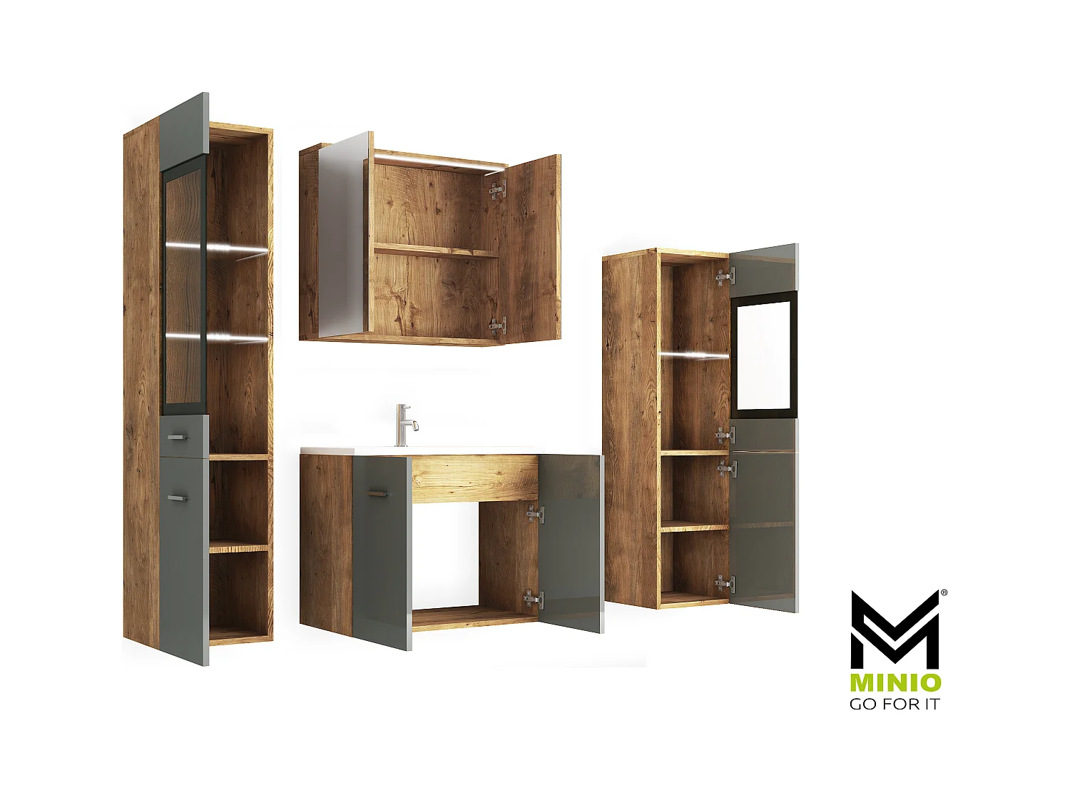 MINIO go for it, Meble łazienkowe MARIT II w kolorze kasztan wrocławski/szary połysk, z oświetleniem LED