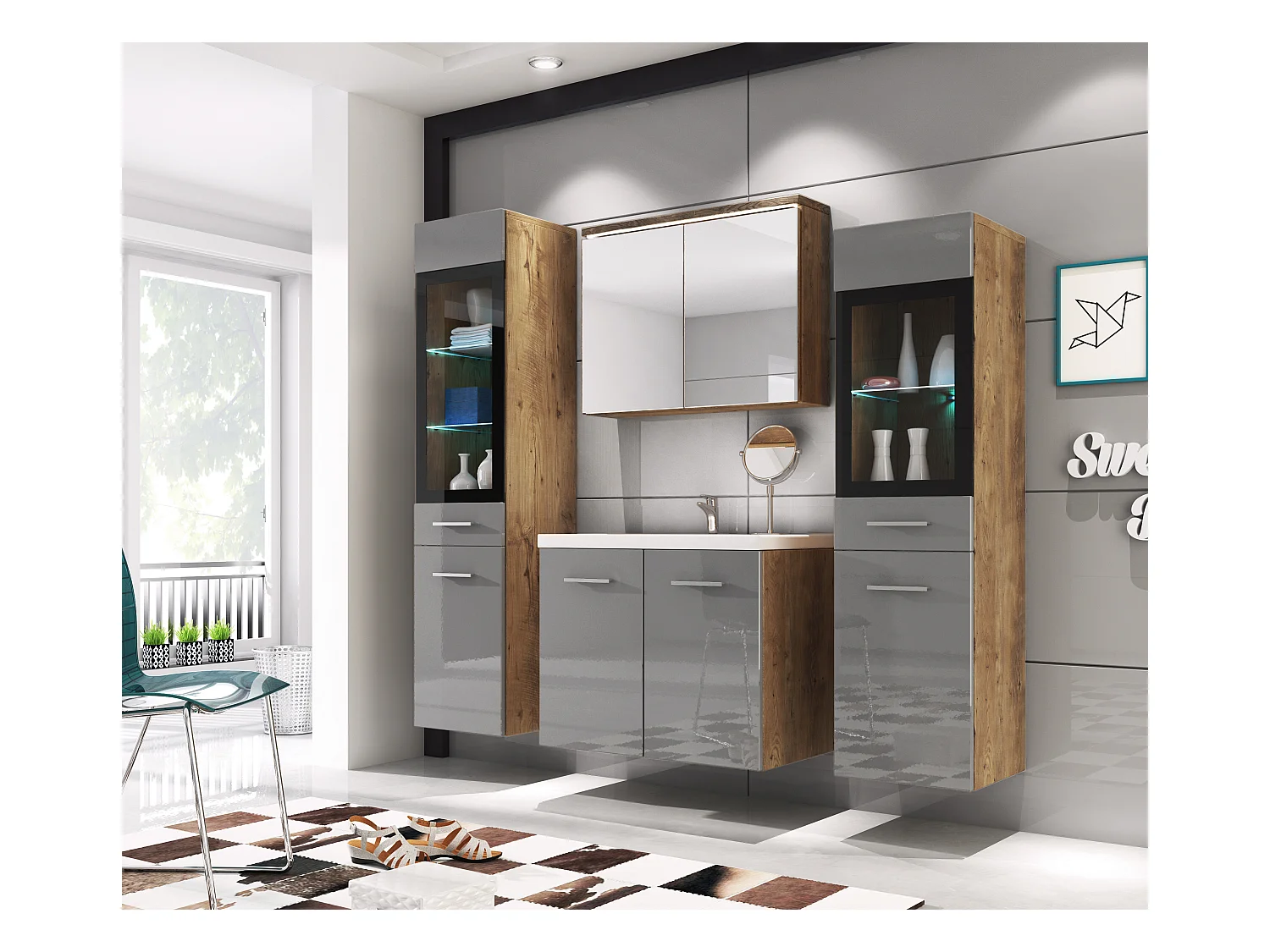 MINIO go for it, Meuble de salle de bain MARIT II en couleur châtaigne/gris brillant, avec éclairage LED
