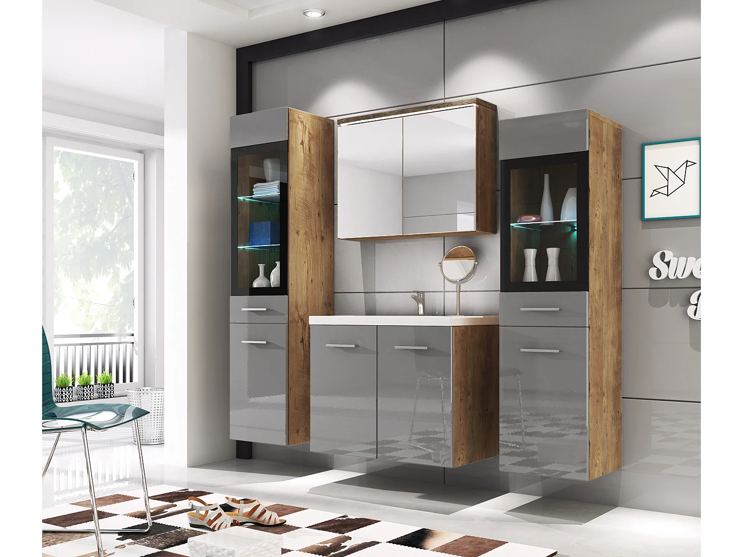 MINIO go for it, Badmöbel MARIT II in der Farbe Kastanien Breslau/Glanz grau, mit LED-Beleuchtung