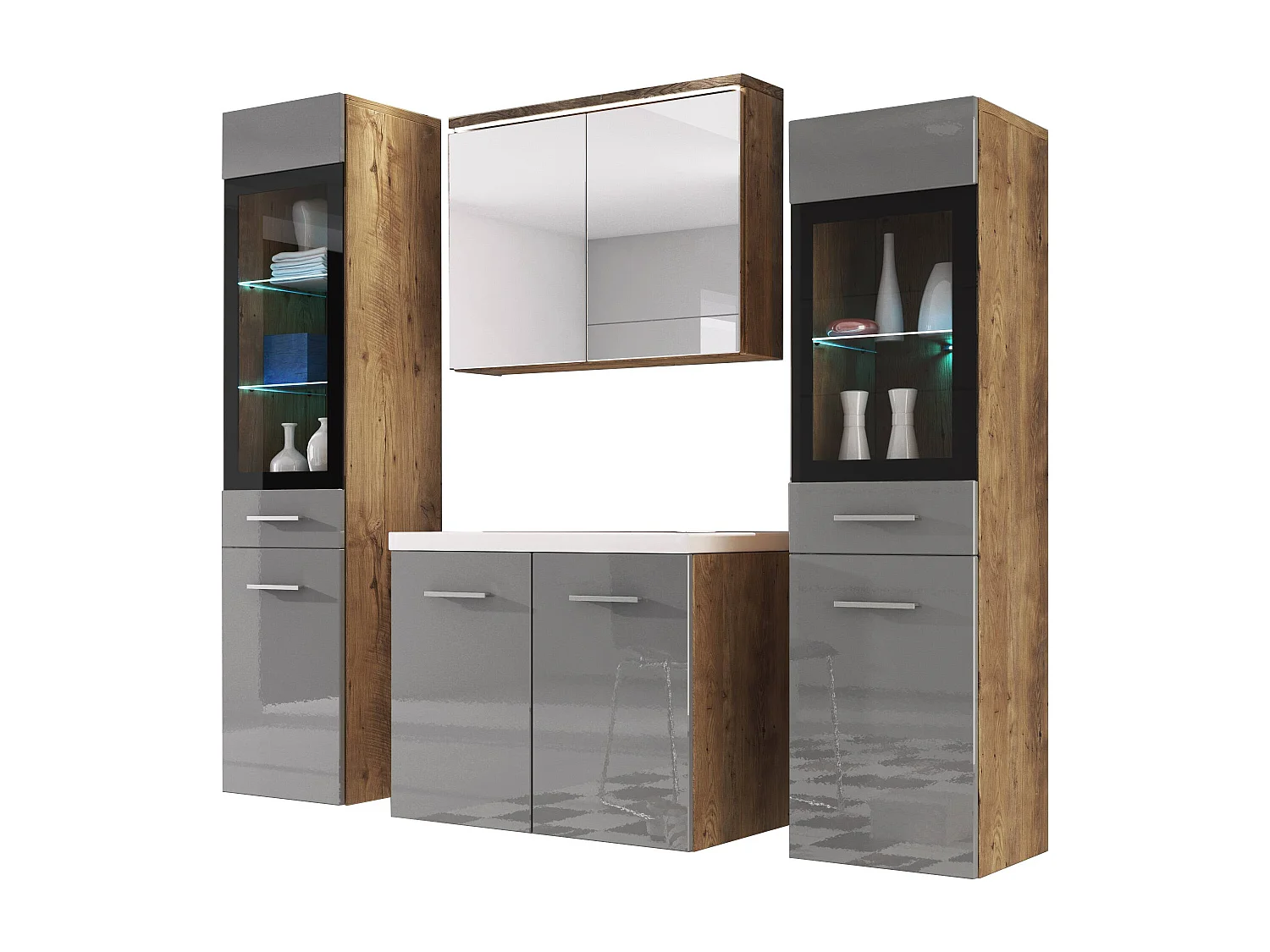 MINIO go for it, Badmöbel MARIT II in der Farbe Kastanien Breslau/Glanz grau, mit LED-Beleuchtung