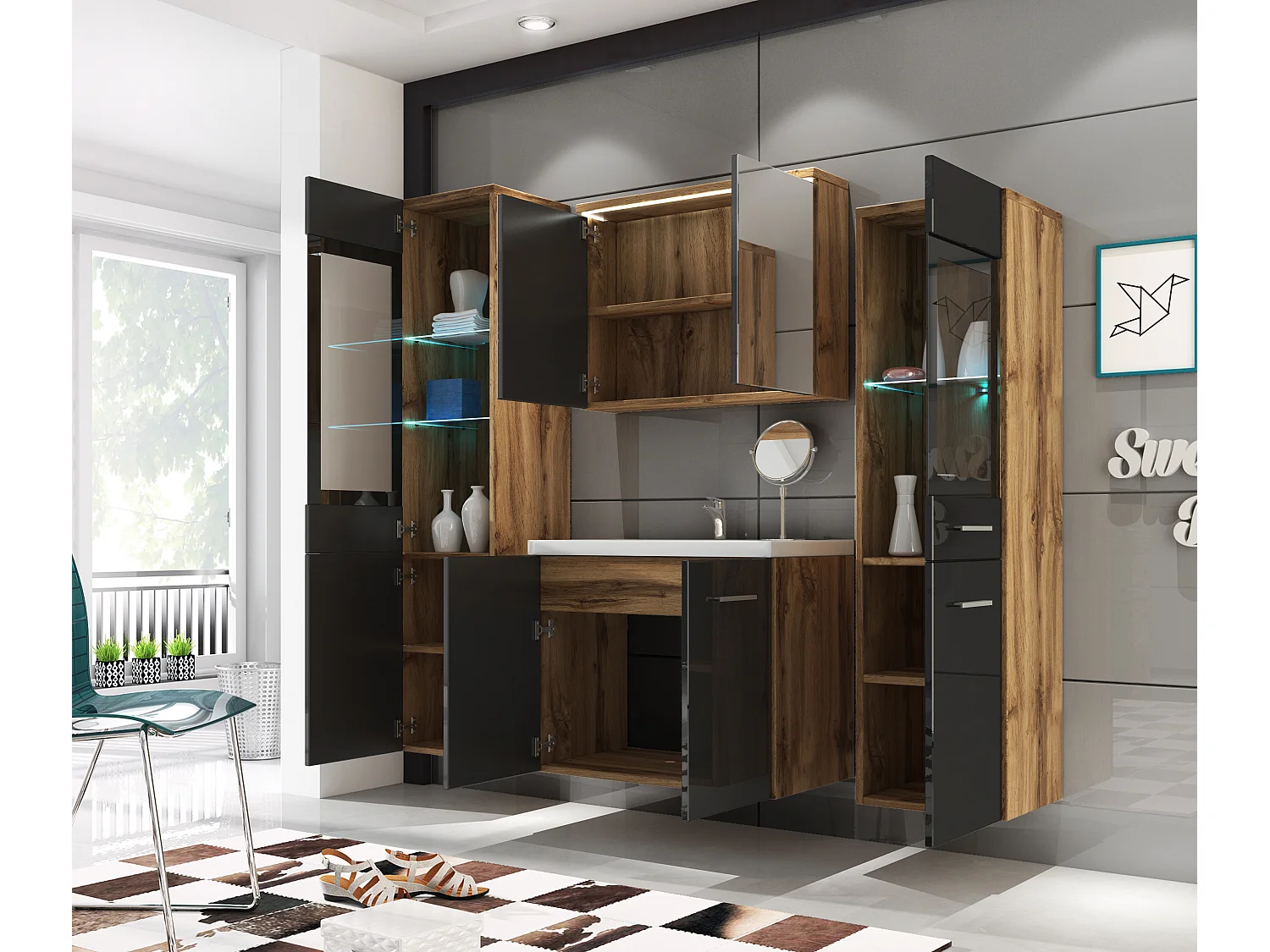 MINIO go for it, Badmöbel MARIT II in der Farbe Kastanien Breslau/Glanz grau, mit LED-Beleuchtung