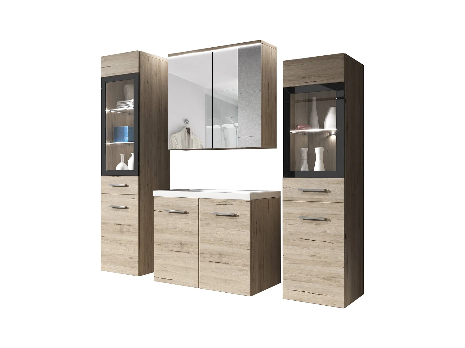 MINIO go for it, Meble łazienkowe MARIT II w kolorze dąb san remo, z oświetleniem LED