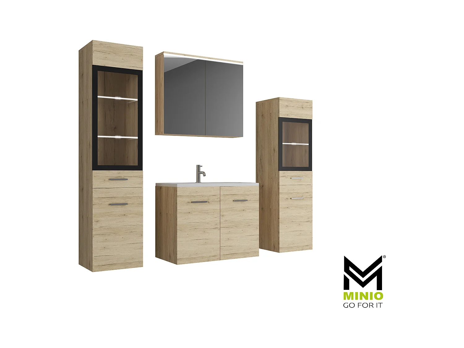 MINIO go for it, Meble łazienkowe MARIT II w kolorze dąb san remo, z oświetleniem LED