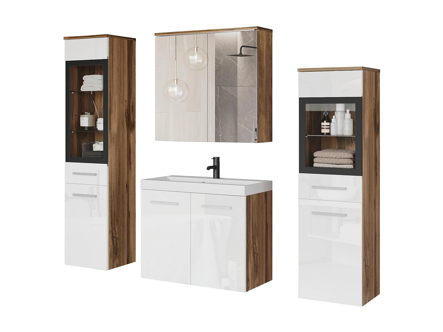 MINIO go for it, Meble łazienkowe MARIT II w kolorze dąb wotan/biały połysk