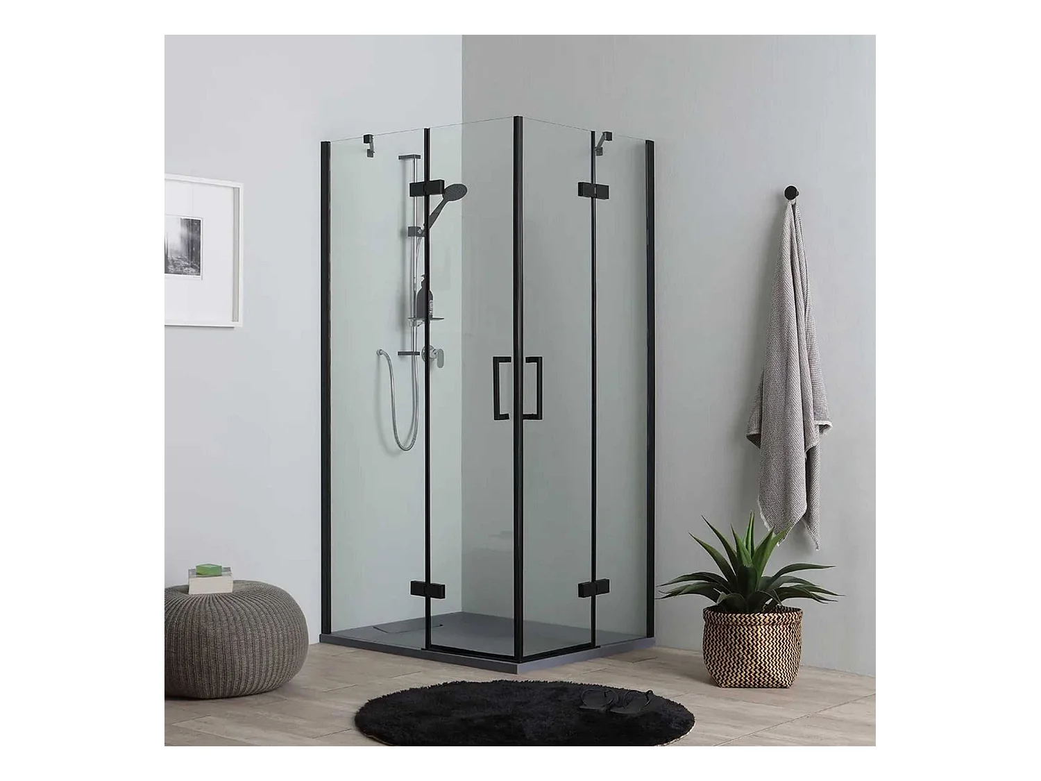 Moderne zwarte badkamerdouchecabine "Lions" zonder profielen met 2 magnetische glazen deuren 80x100 190h