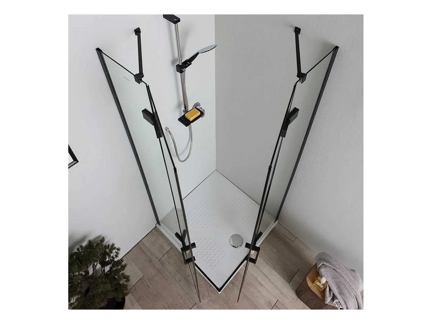 Box de casa de banho moderno preto "Leões" sem perfis com 2 portas de vidro magnético 90x70 190h