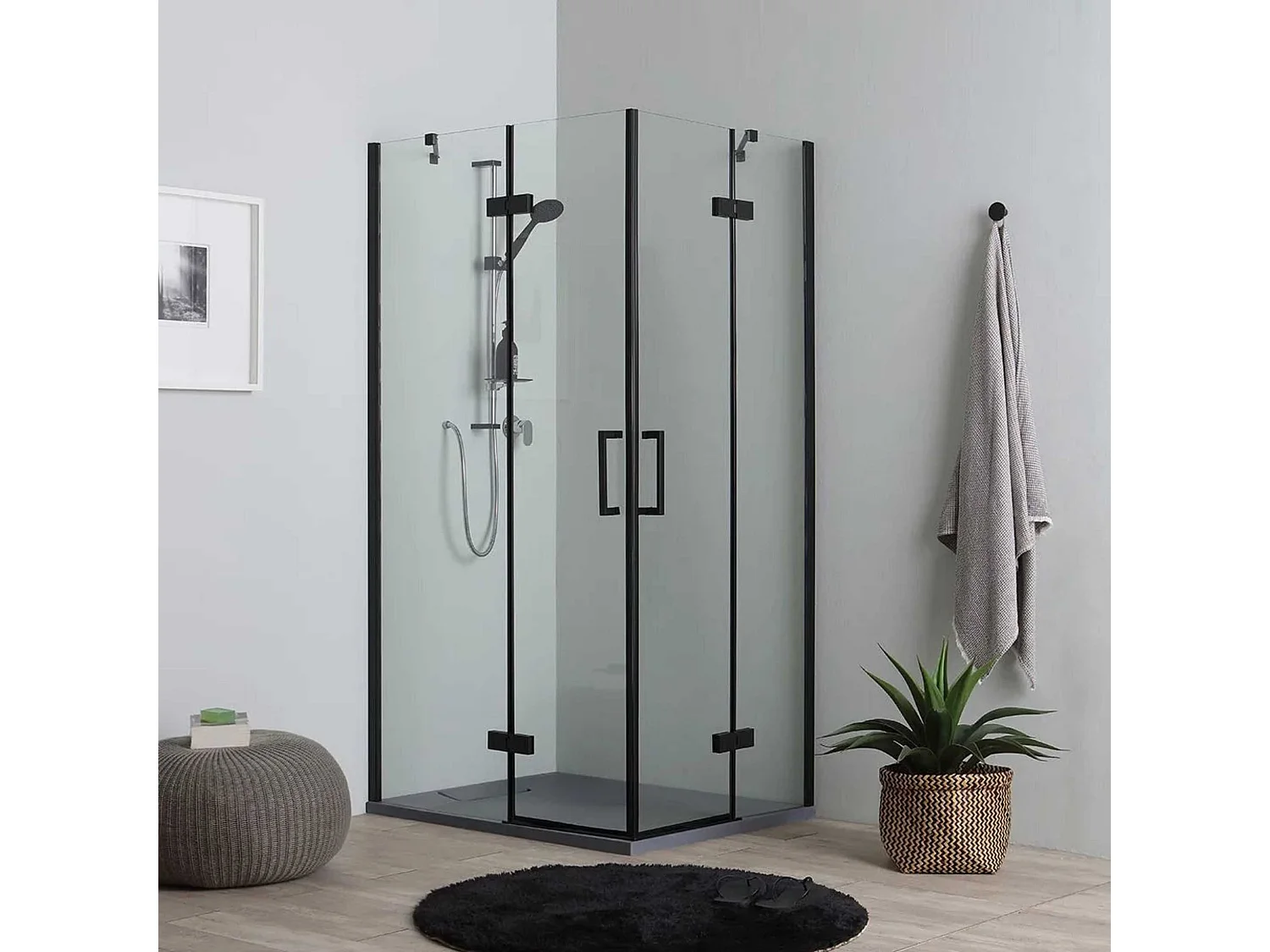 Moderne schwarze Badezimmer-Duschkabine "Lions" ohne Profile mit 2 magnetischen Glastüren 120x80 190h