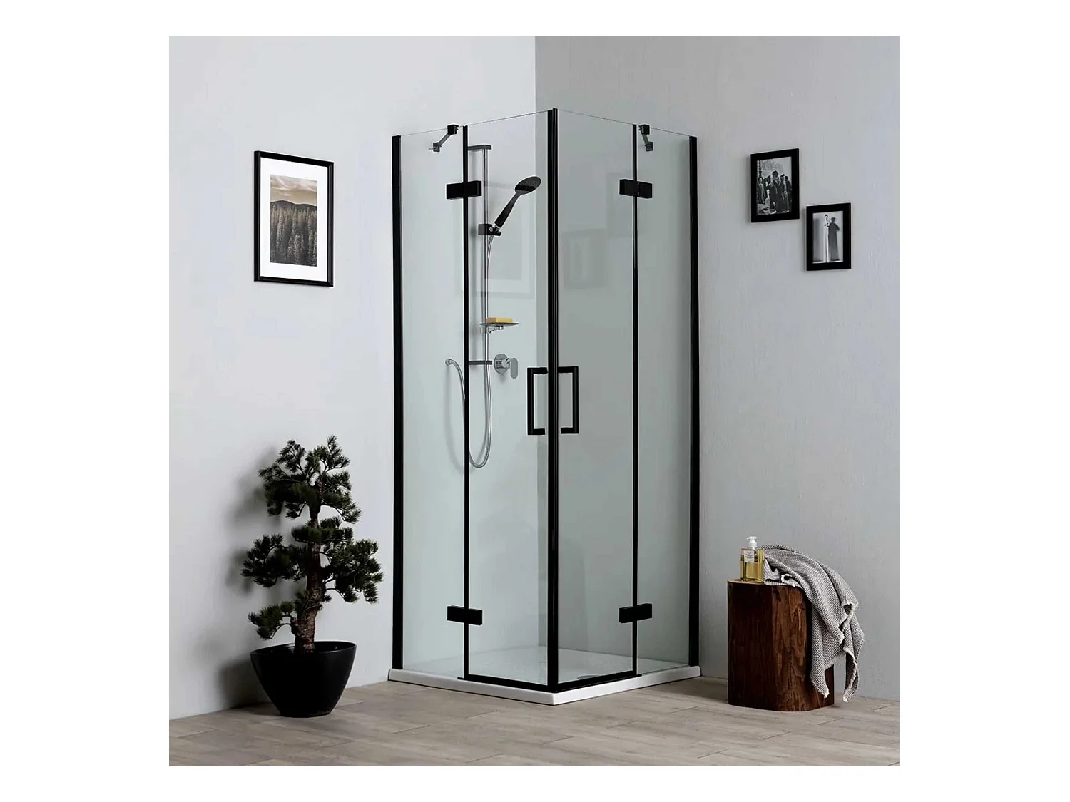 Box doccia bagno nero moderno "Lions" senza profili con 2 battenti magnetici in cristallo 90x90 190h