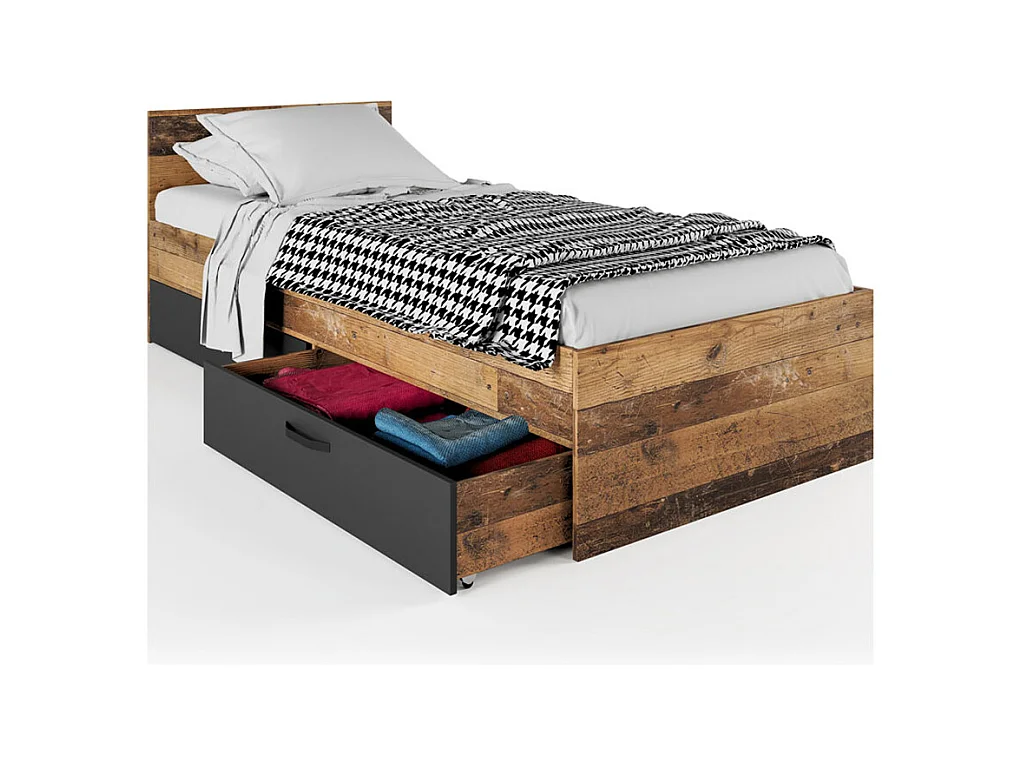 Letto singolo effetto legno e antracite con cassetti 90x200 effetto legno e antracite LI35
