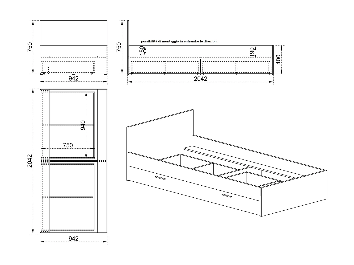 Letto singolo effetto legno e antracite con cassetti 90x200 effetto legno e antracite LI35