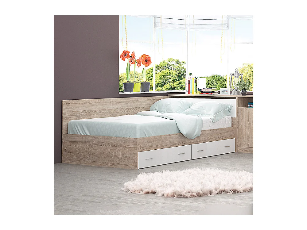 Letto a una piazza e mezza con cassetti 120x190 cm rovere chiaro e bianco lucido LG48