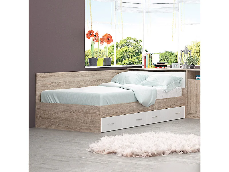 Letto a una piazza e mezza con cassetti 120x190 cm rovere chiaro e bianco lucido LG48