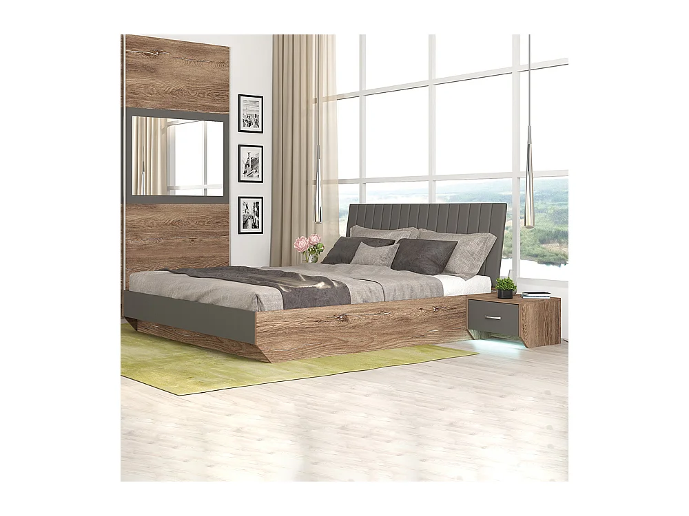 Letto contenitore alla francese con testiera imbottita e comodini marrone e grigio antracite LG20