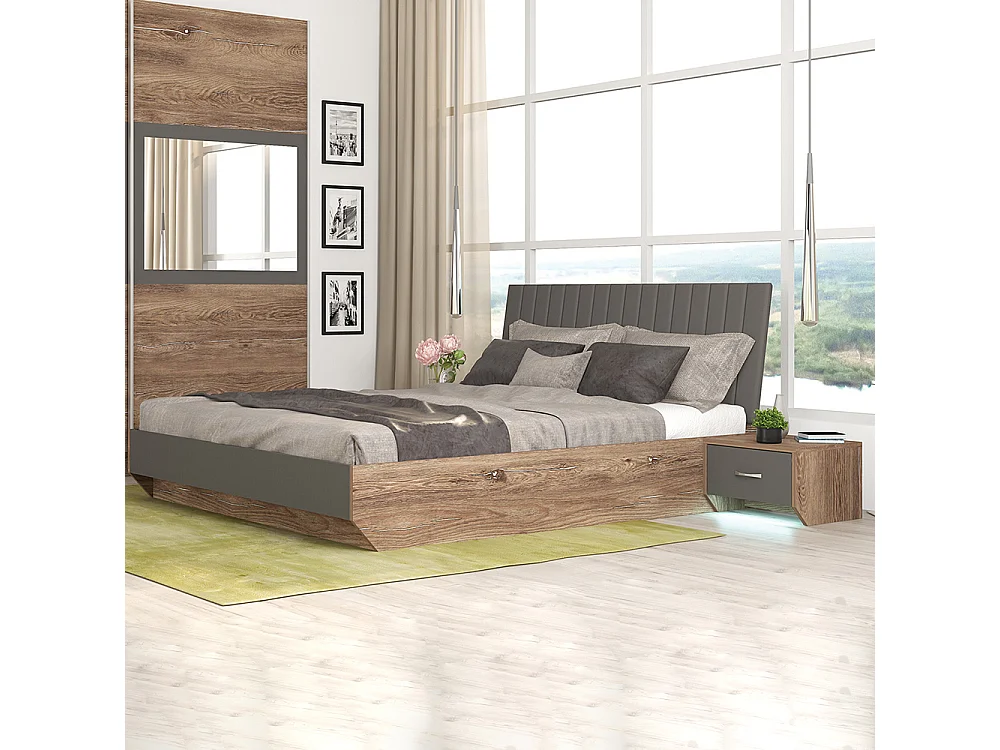 Letto contenitore alla francese con testiera imbottita e comodini marrone e grigio antracite LG20