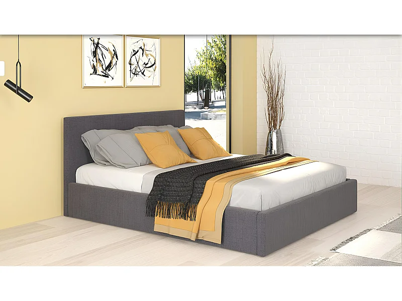 Letto matrimoniale contenitore 160x200 cm in tessuto imbottito grigio LG74