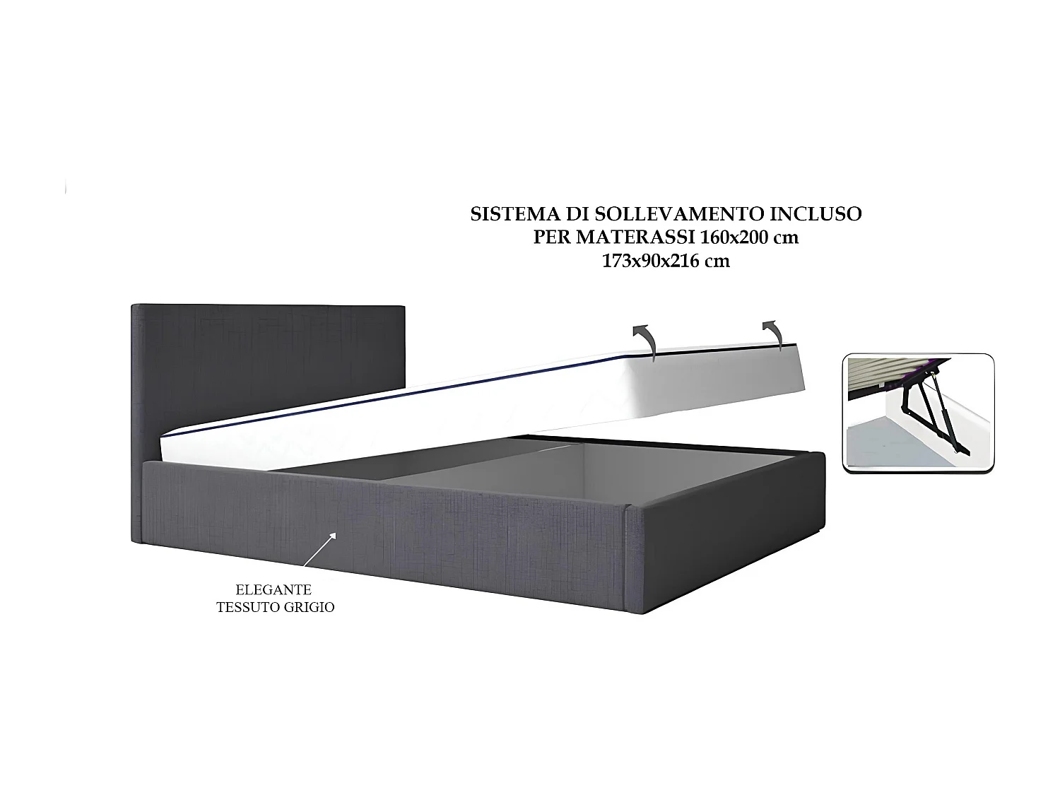Letto matrimoniale contenitore 160x200 cm in tessuto imbottito grigio LG74