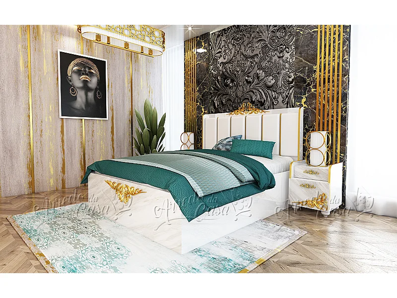 Letto matrimoniale design moderno con due comodini 200x160 marmo e bianco lucido LU41