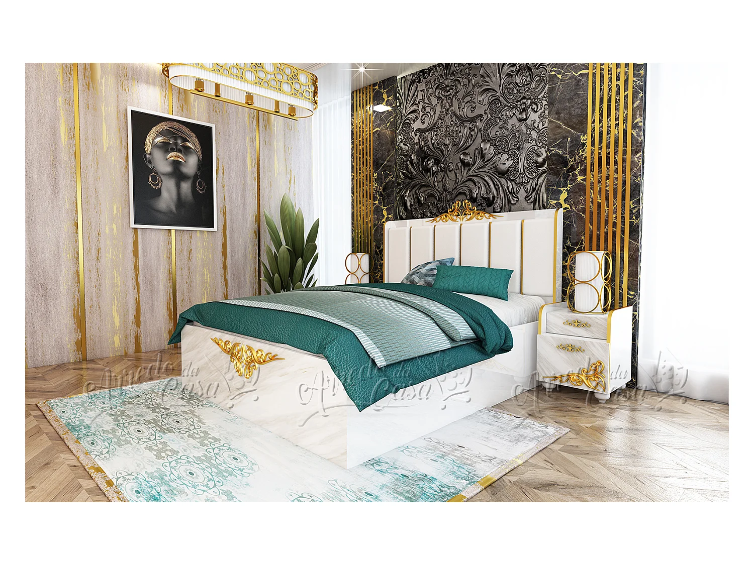 Letto matrimoniale design moderno con due comodini 200x160 marmo e bianco lucido LU41