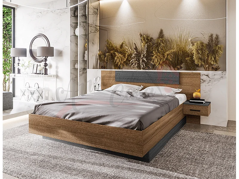 Letto matrimoniale da camera con comodini integrati sospesi 160x200 marrone ed antracite LI23