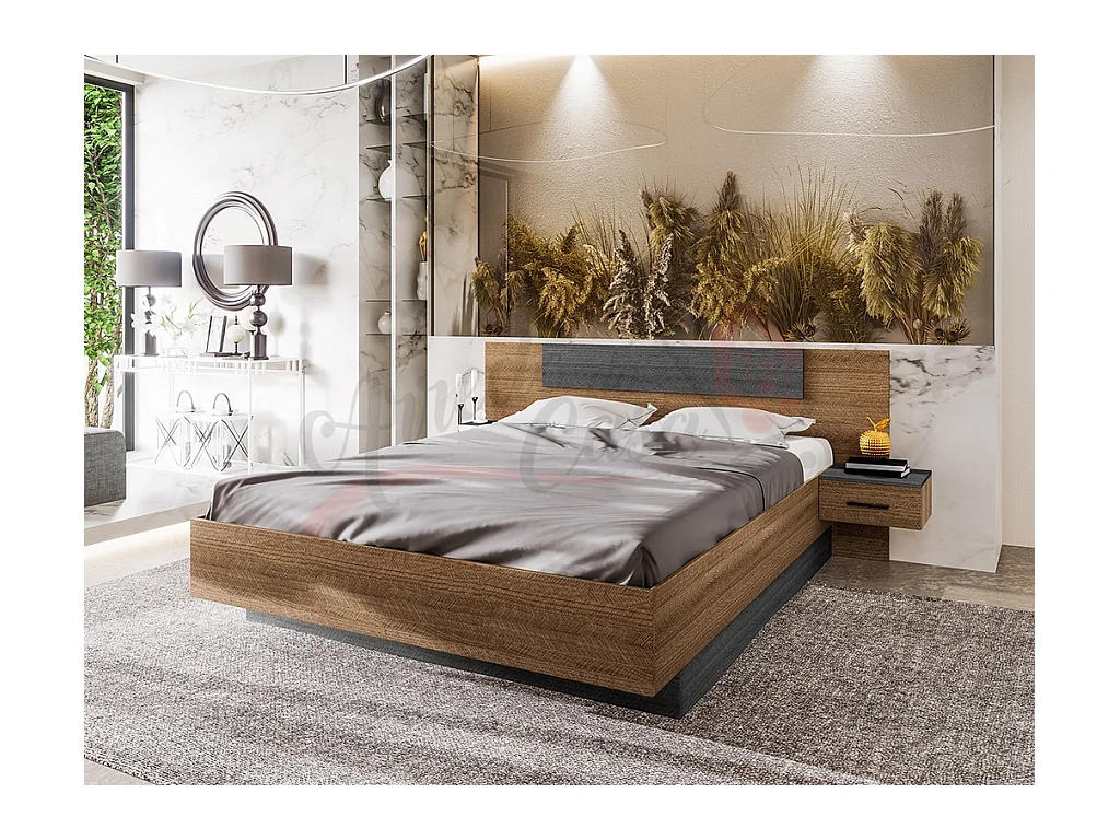 Letto matrimoniale da camera con comodini integrati sospesi 160x200 marrone ed antracite LI23