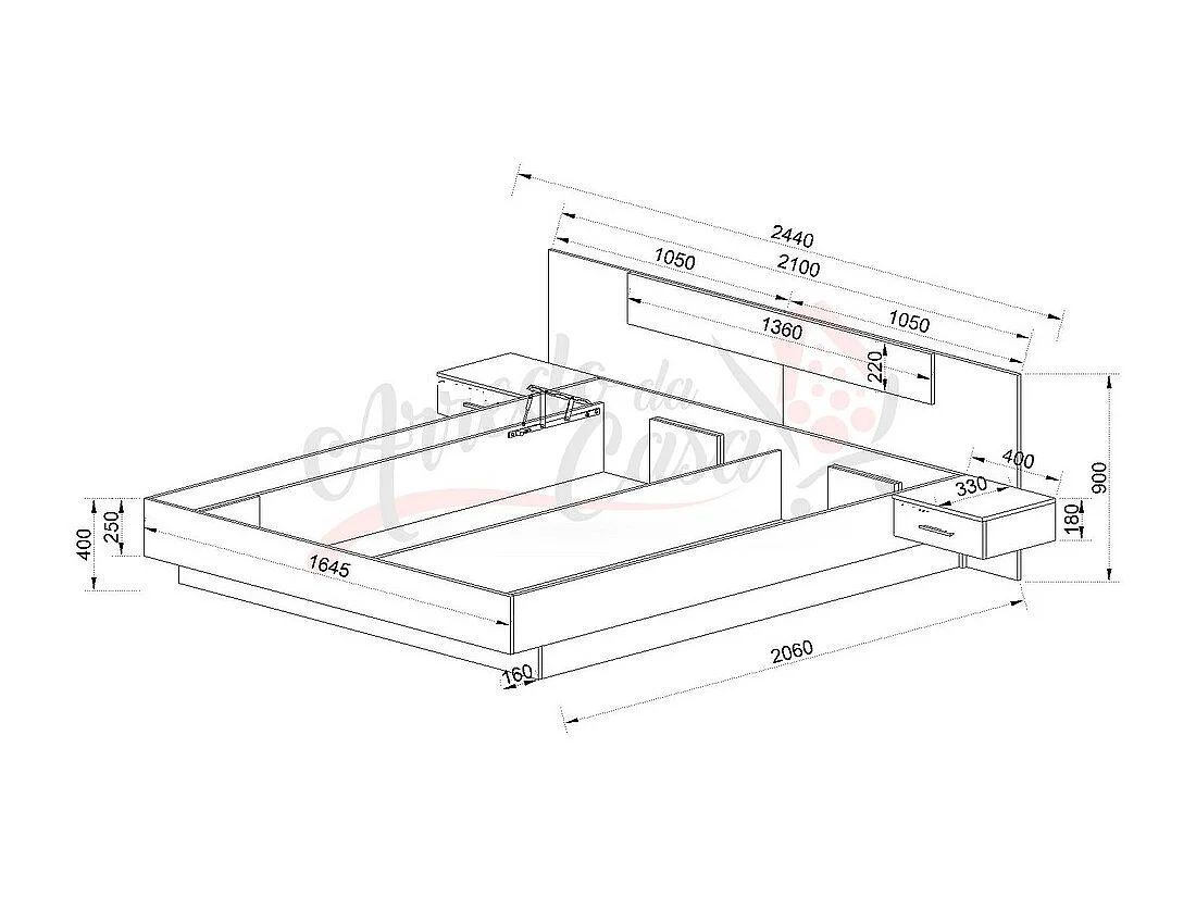 Letto matrimoniale da camera con comodini integrati sospesi 160x200 marrone ed antracite LI23