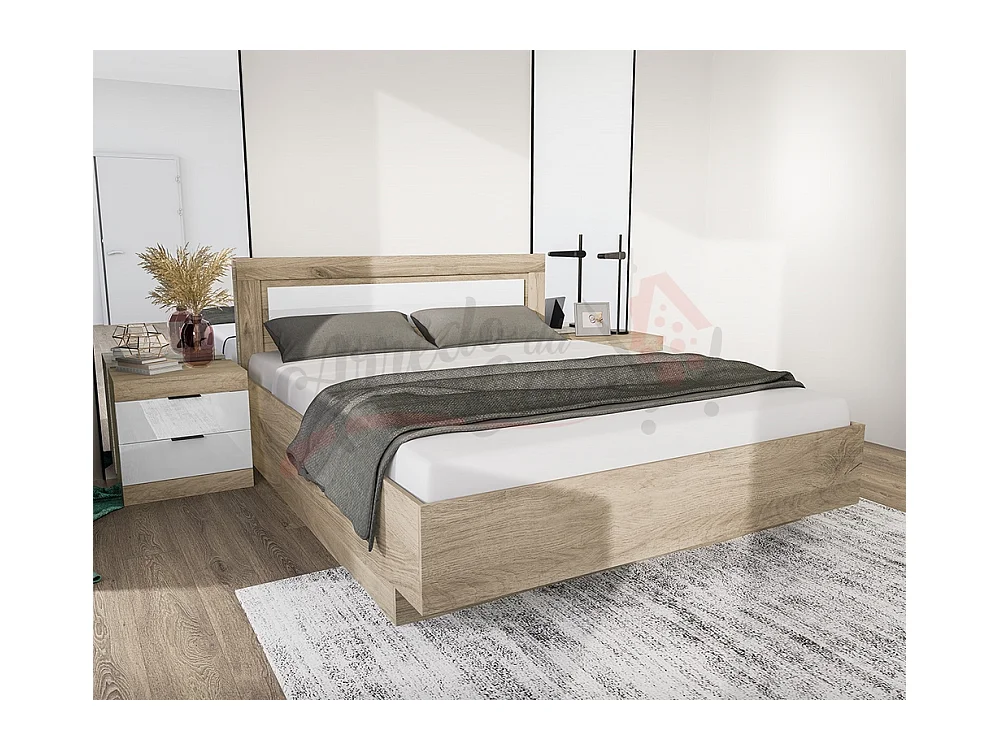Letto matrimoniale per camera da notte design moderno 160x200 rovere chiaro e bianco liscio LI22