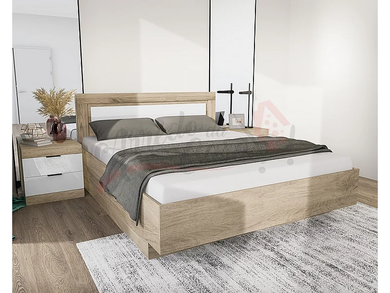 Letto matrimoniale per camera da notte design moderno 160x200 rovere chiaro e bianco liscio LI22