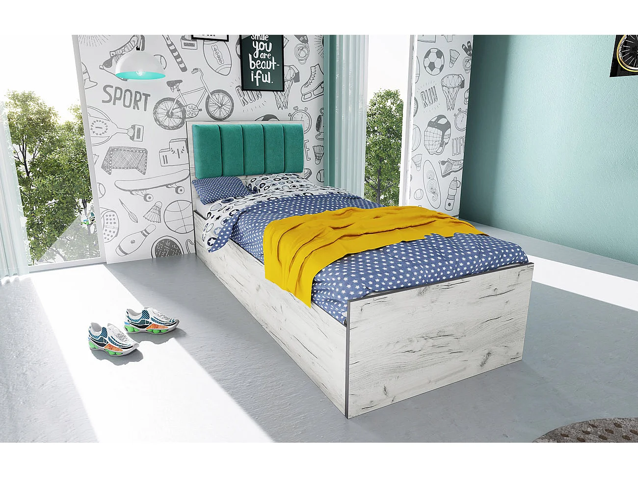 Letto singolo contenitore con testiera imbottita 90x200 bianco legno e blu LI34